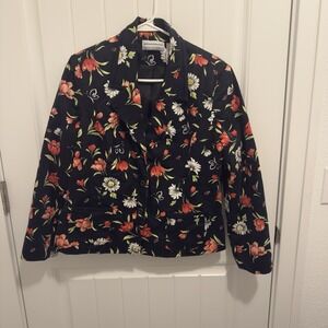 Alfred Dunner Blazer Black Bright Red/White Floral 3-Button Size 12 Petite